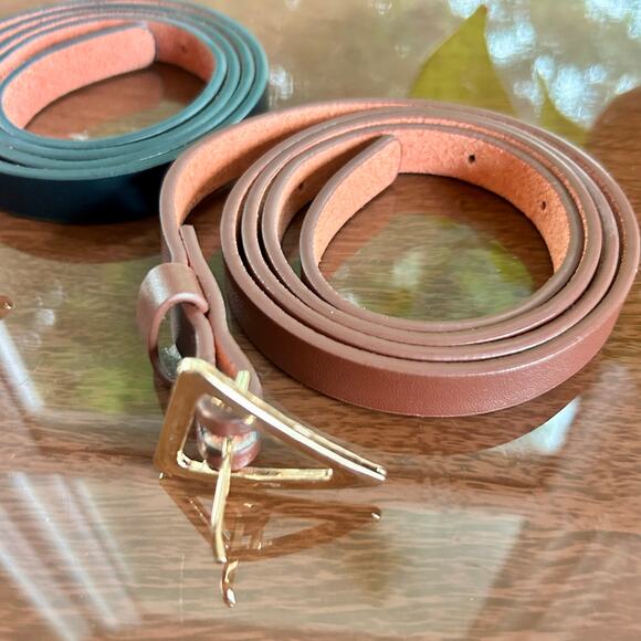 Set of 2 Skinny Belts – Brown & Black with Gold Triangle Buckles – 43” Length - Picture 11 of 11
